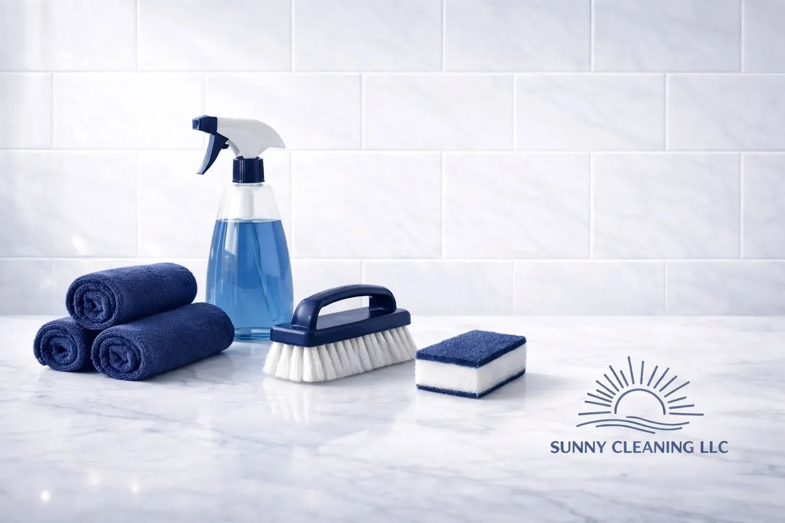 Navy microfiber towels, a spray bottle, a scrub brush, and a sponge on a bright marble countertop.